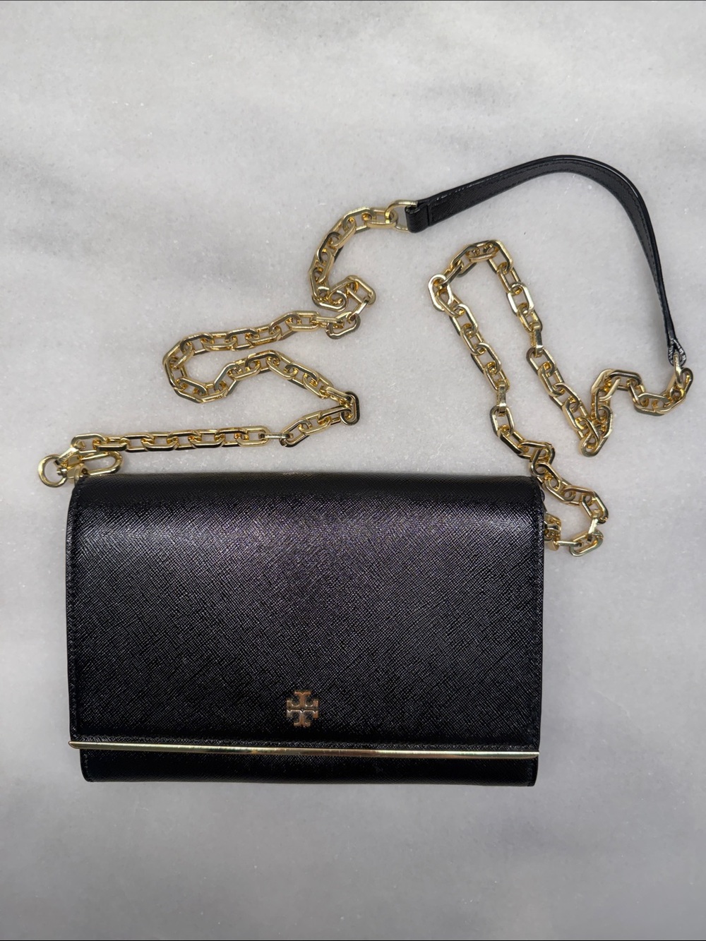 Tory Burch Robinson Black Saffiano Leather Chain Wallet Crossbody WOC